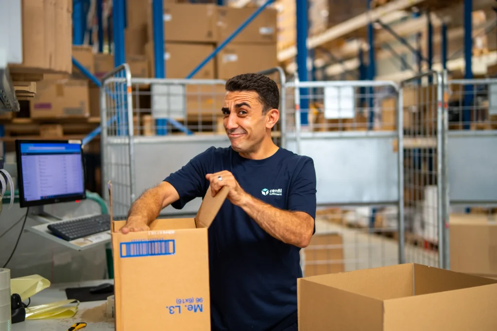 Ein Mitarbeiter hält einen versandfertigen Karton in der Hand